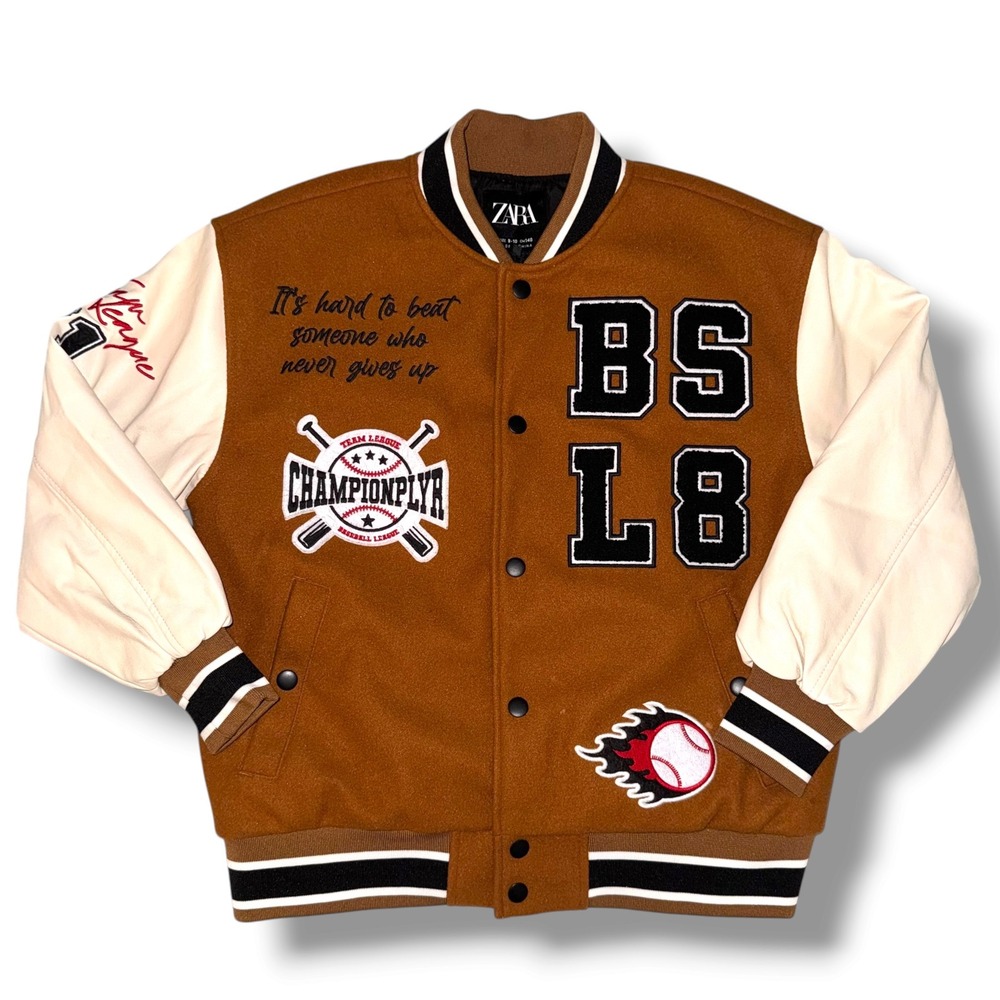 Zara Varsity Bomber Jacket Kids 9-10 Brown Baseball Championplyr Patch Coat